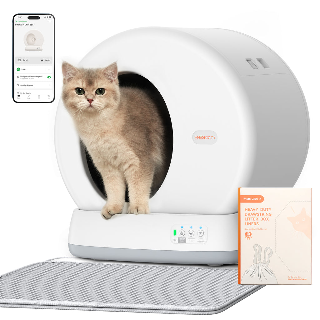 Meowant Self-Cleaning Litter Box for cats with heavy-duty liner package and a smart app interface displayed on a phone, ideal for modern pet-friendly homes