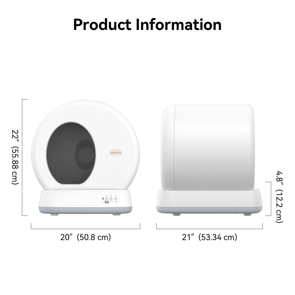 Front and side views of Meowant self-cleaning cat litter box MW-SC01 showcasing dimensions and sleek design, suitable for cats up to 18 lbs with app connectivity for health monitoring