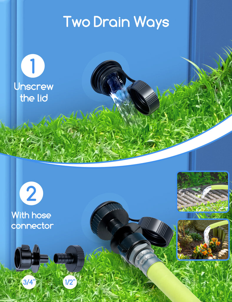 MeoWant dog pool showcasing two drain methods: unscrewing the lid and using a hose connector for easy maintenance and versatile outdoor use, illustrating efficient, leak-proof design.