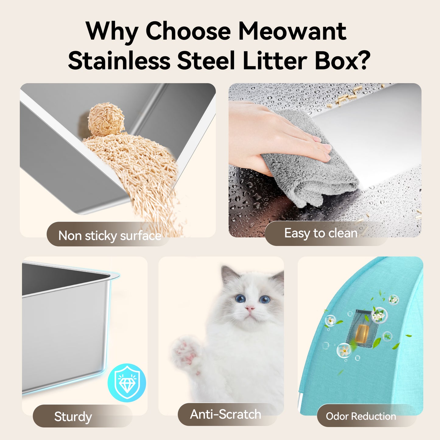 Meowant 3-in-1 Stainless Steel Cat Litter Box-LB05