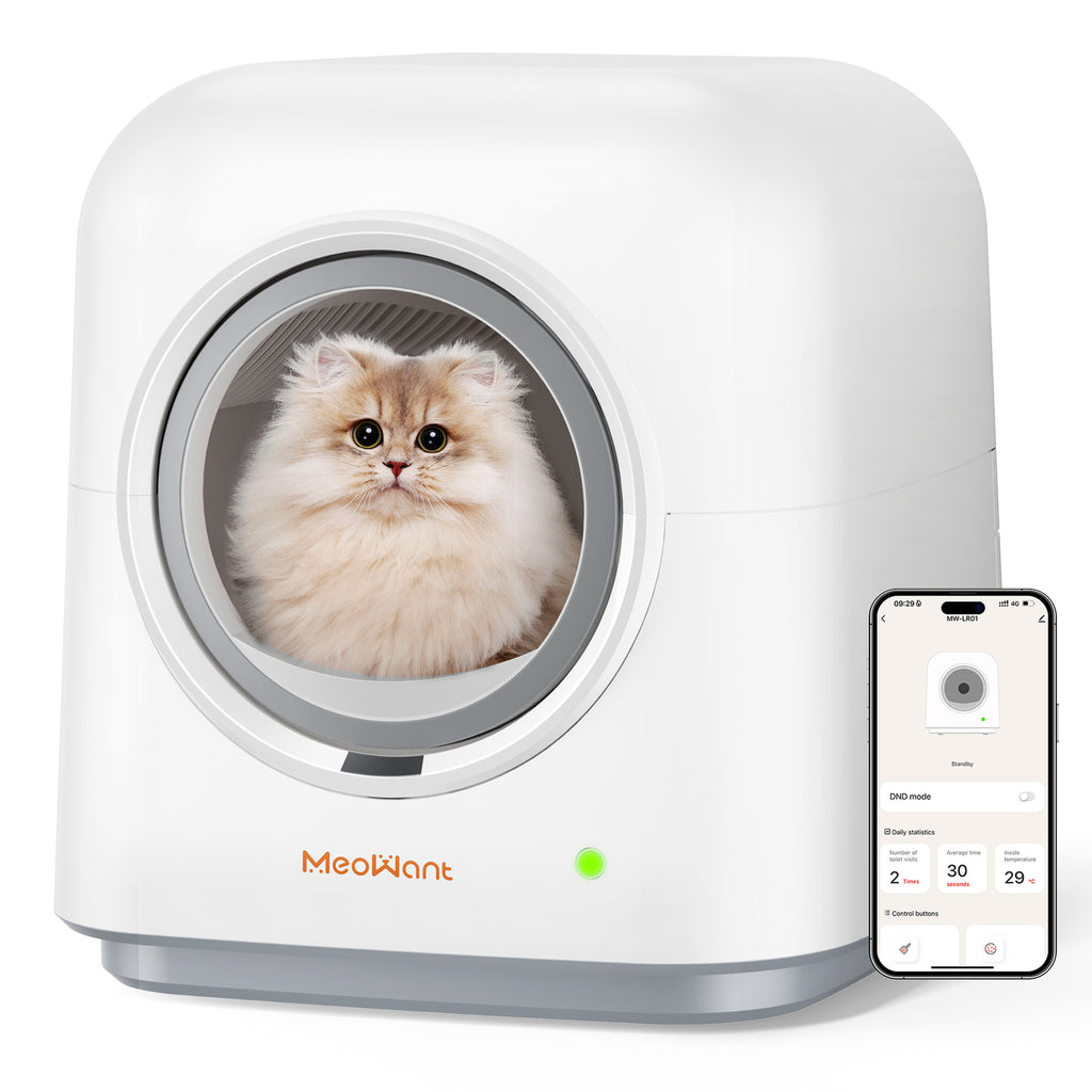 Meowant Self-Cleaning Cat Litter Box MW-LR01 with Persian cat inside and smartphone app control display