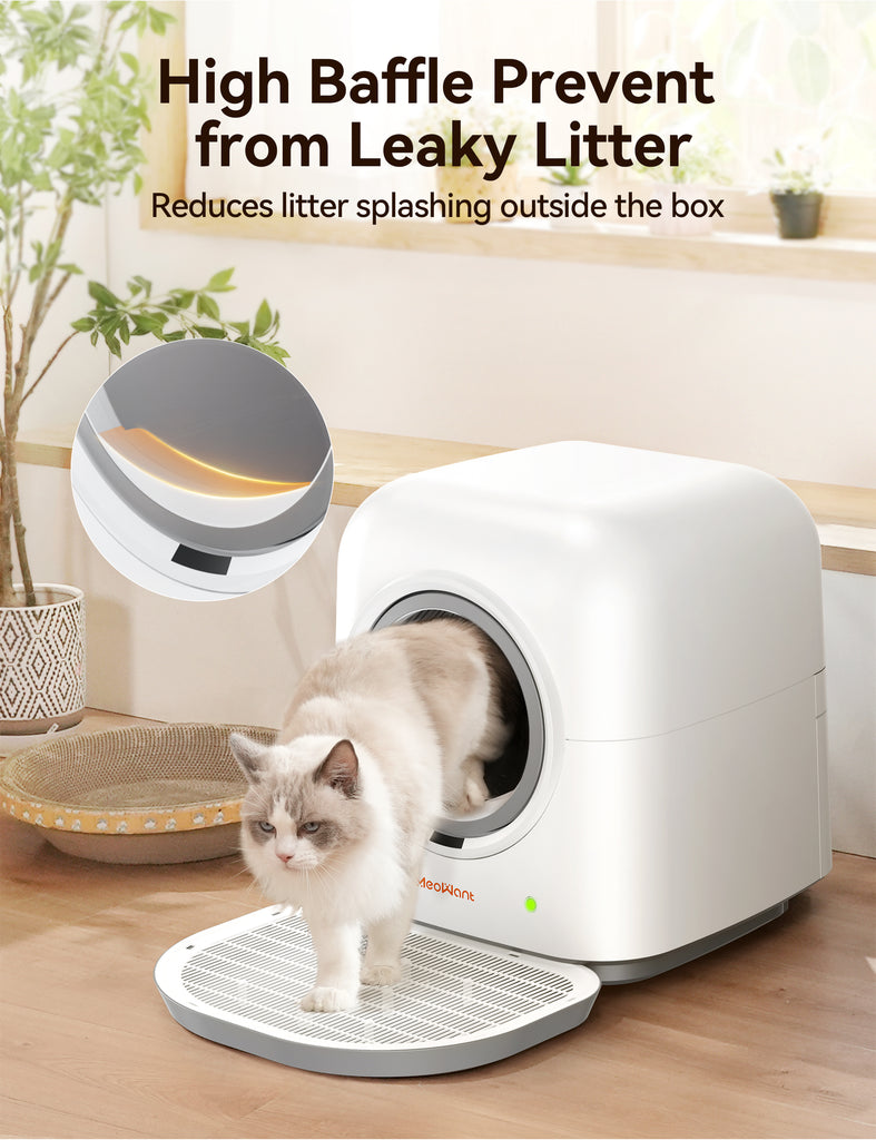 Fluffy cat exiting Meowant self-cleaning litter box in a tidy home interior to prevent leaky litter; product features high baffle design shown in detail.