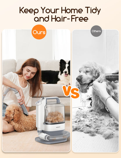 Comparison of pet grooming methods, featuring Meowant grooming kit with a woman using an electric clipper on a poodle versus manual grooming of a golden retriever showing scattered fur.