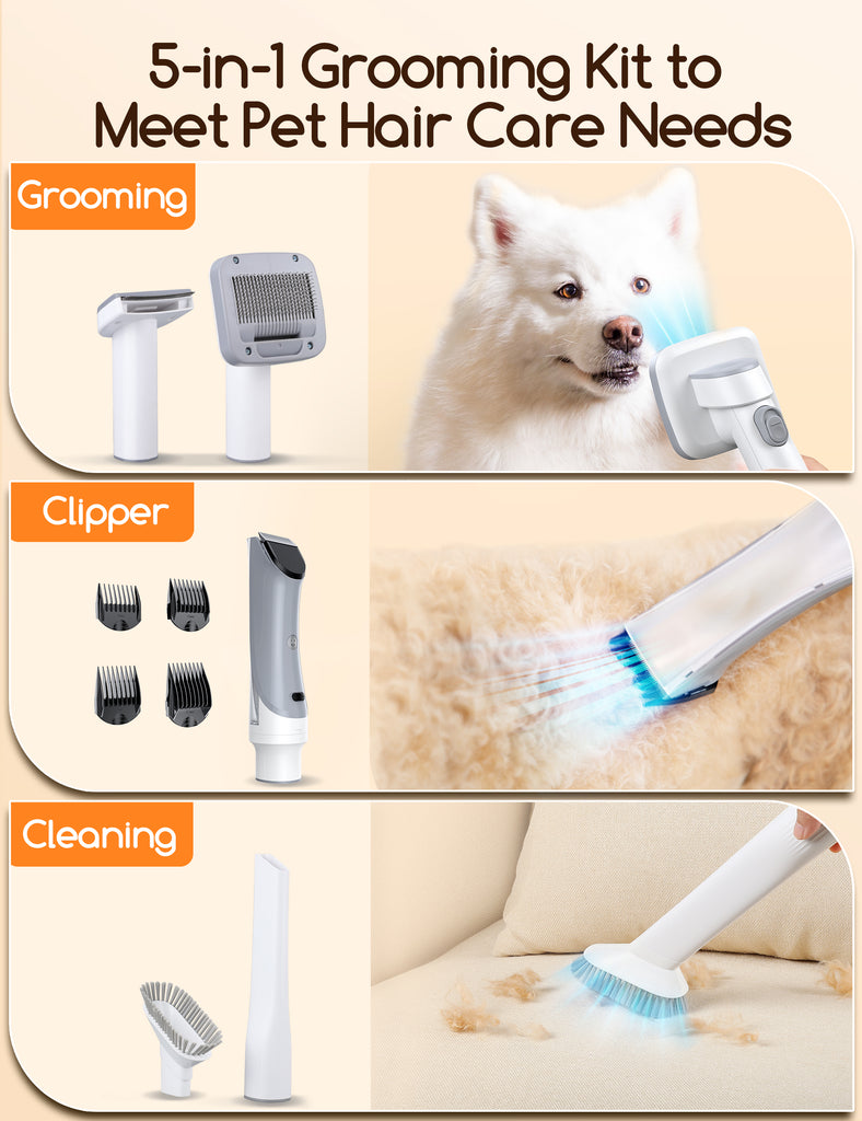 Meowant 5-in-1 pet grooming kit featuring grooming brush, electric clipper and cleaning tool, being used on a dog and a sofa to maintain a clean and pet-friendly home environment
