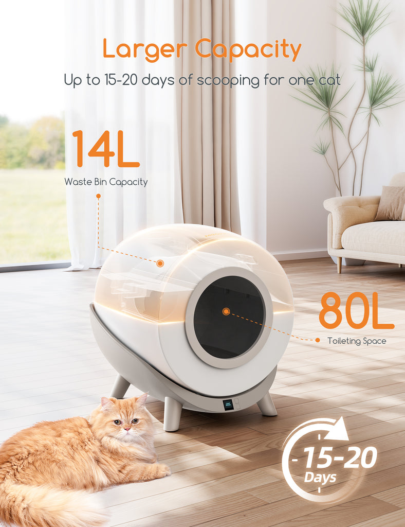 Meowant Self-Cleaning Cat Litter Box MW-LB01 in living room with ginger cat, highlighting 80L toileting space and 14L waste capacity for extended use