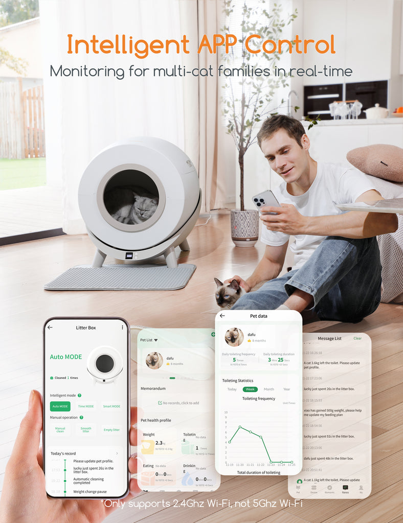 Man using smartphone app to monitor Meowant smart self-cleaning cat litter box, with real-time multi-cat monitoring features displayed on screen