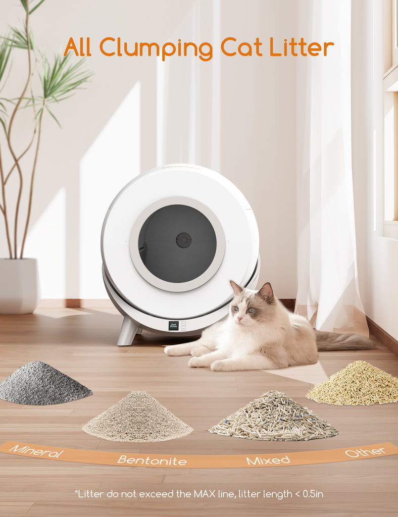 Self-cleaning Meowant MW-LB01 litter box with a lounging cat, showcasing its compatibility with various types of all clumping cat litter such as mineral, bentonite, and mixed