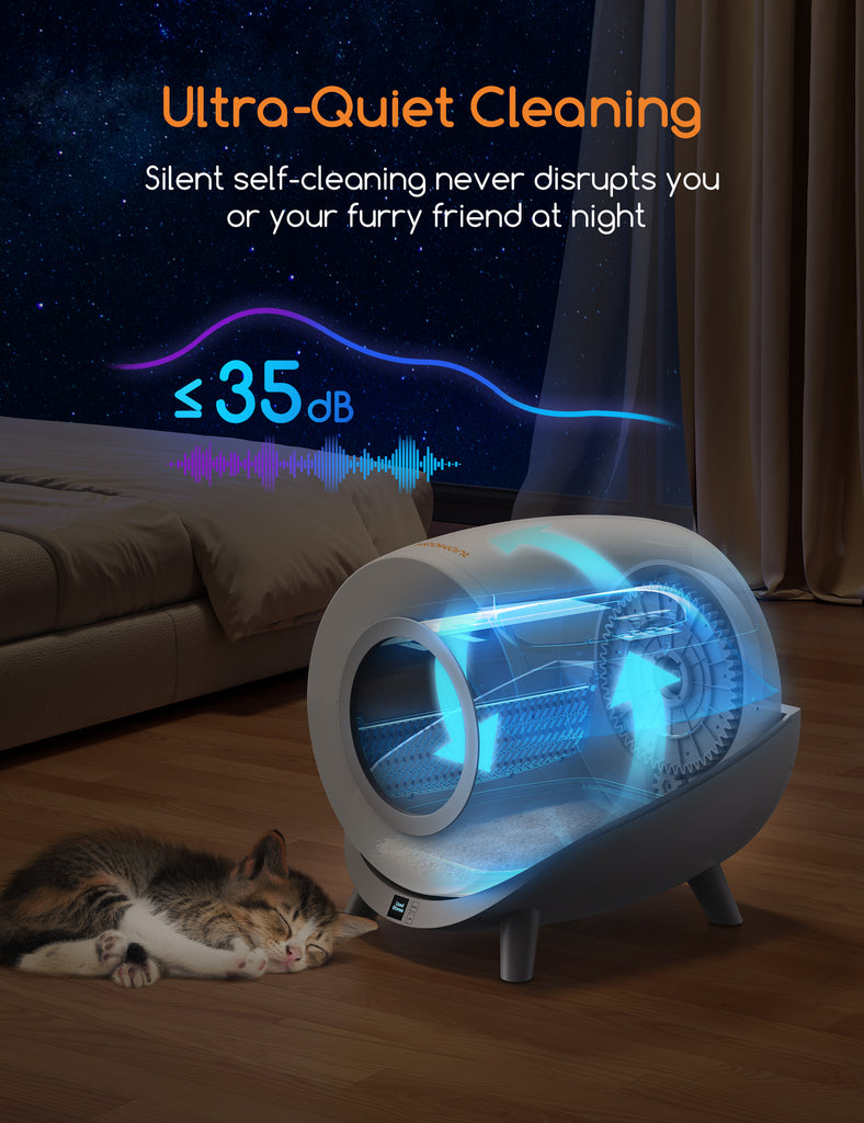 Self-cleaning Meowant cat litter box in home setting, showing interior cleaning mechanism and a sleeping cat, demonstrating ultra-quiet operation under 35 dB for undisturbed night settings