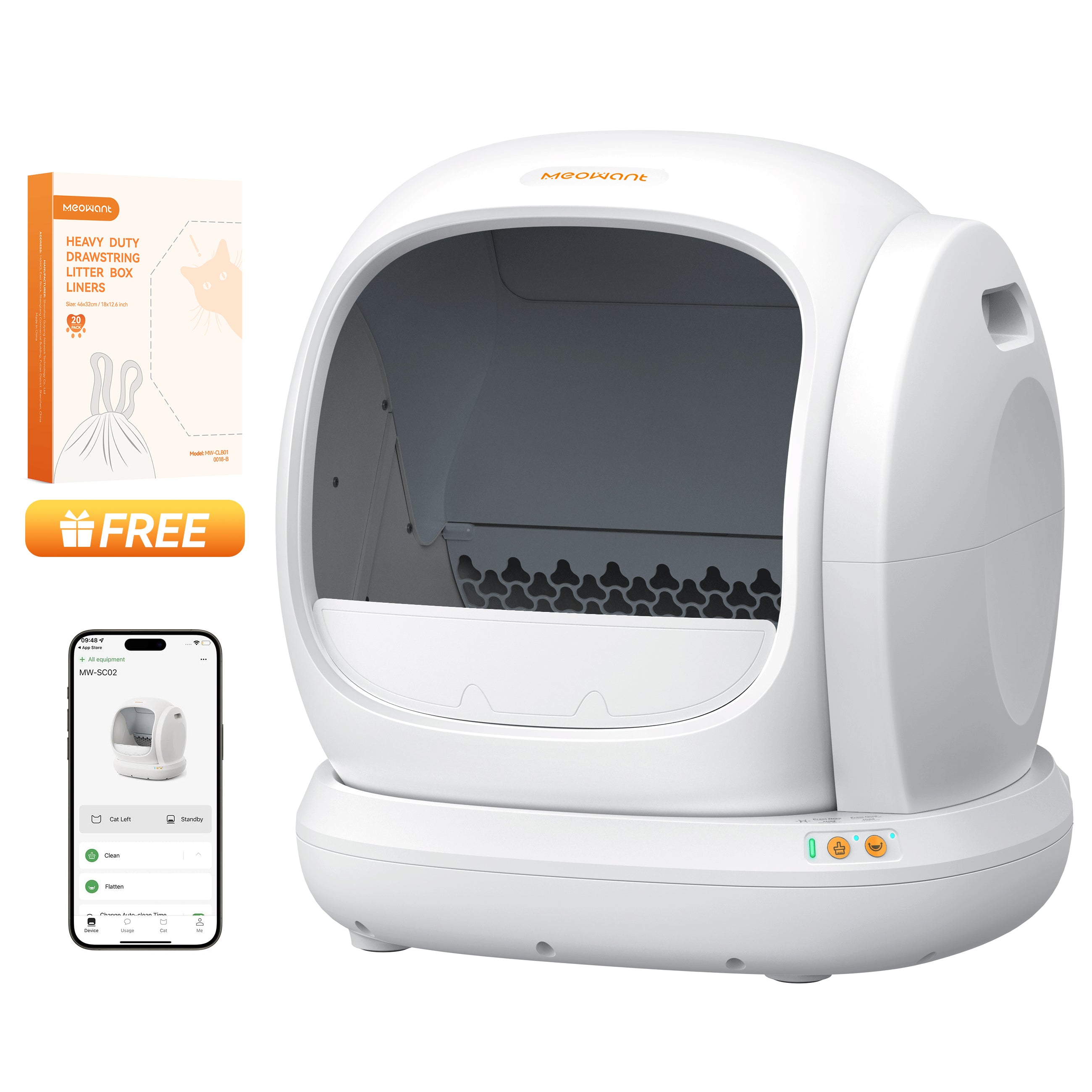 Meowant Self-Cleaning Cat Litter Box - MW-SC02 (White) + Extra Free Trash Bag