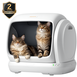 White Meowant automatic self-cleaning litter box with two cats, 2-year warranty badge.