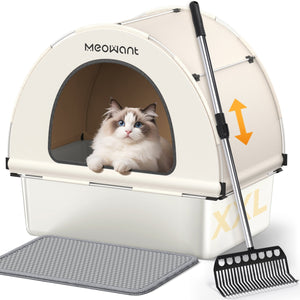 Meowant LB03 3-in-1 stainless steel cat litter box with lid, beige cover, white base, includes scoop and mat. Ragdoll cat inside.