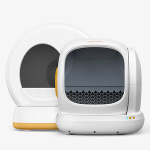 White Meowant SC01 and SC02 self-cleaning litter boxes with orange accents. Enclosed and open-top designs.