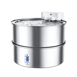 Meowant stainless steel dog water fountain DF01 with flowing water and level indicator.