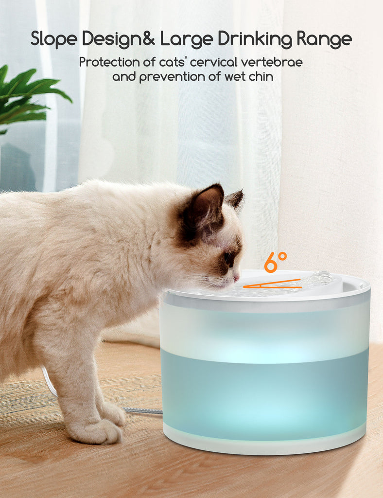 White and brown cat using Meowant wireless pet water fountain with ergonomic slope design for cervical protection and large drinking area