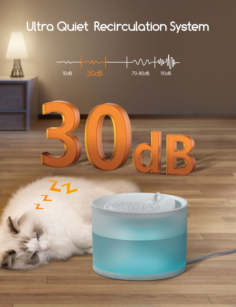 White cat sleeping next to a Meowant wireless cat water fountain, showcasing its ultra quiet 30dB recirculation system