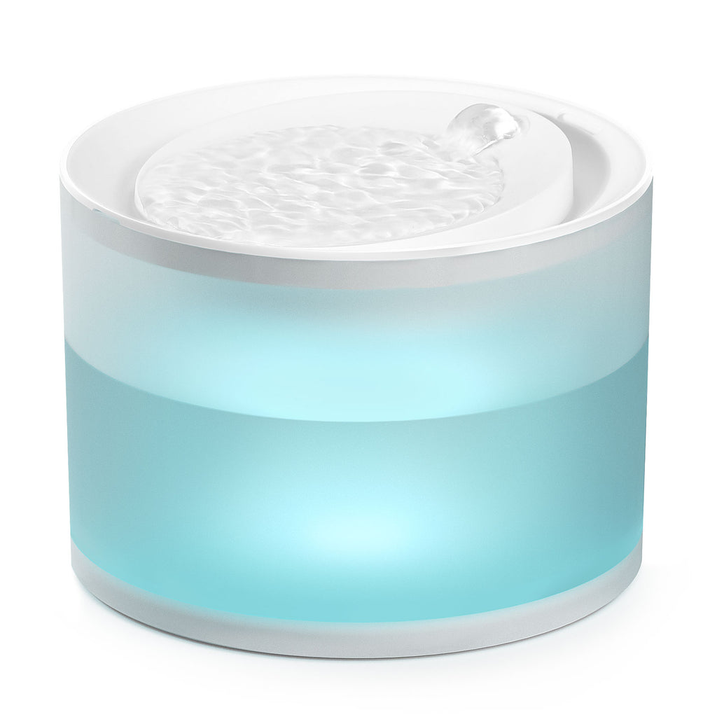 Meowant wireless pet water fountain in white and light blue with soft illumination, showcasing gentle water bubbling for cat hydration